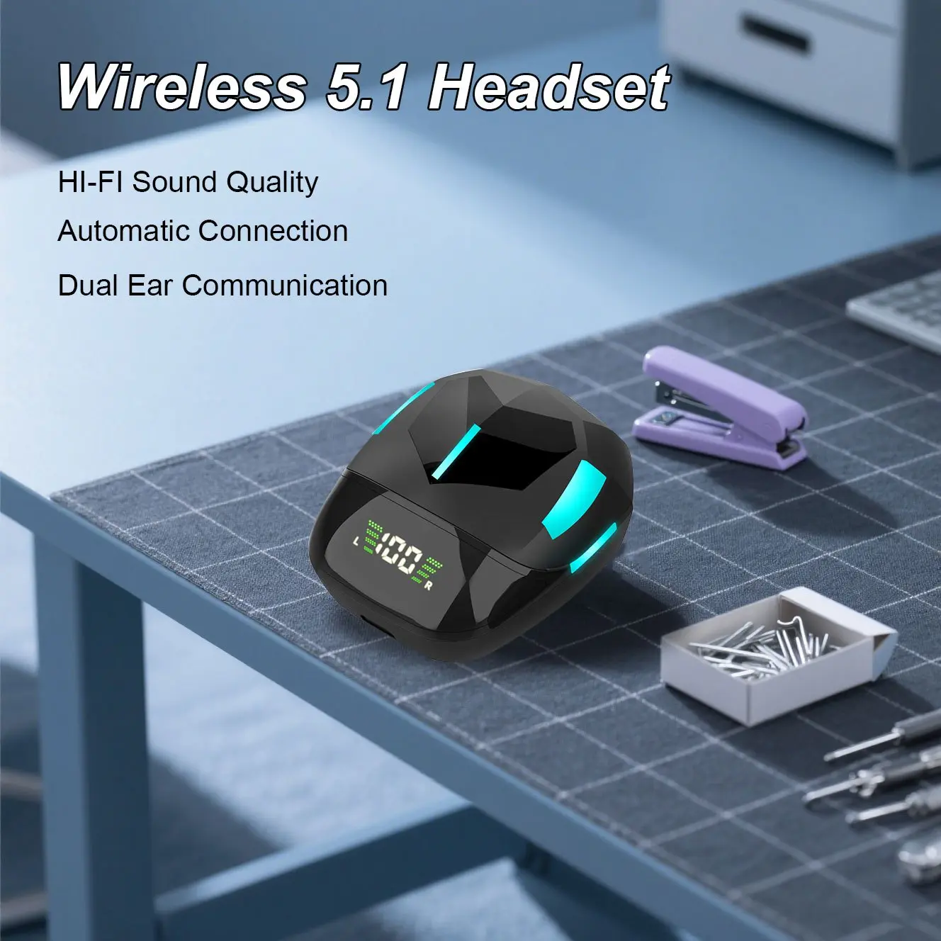 Wireless Audio Experience, Shocking Sound Effects, Immersive Music Enjoyment, Call Noise Reduction Technology Ensures Clear Communication, Charging Case Provides Long Battery Life. In-Ear Comfortable Design, Soft Earbuds, Durable and Stable for Long-Term Wear. Convenient Touch Control, Dual-Ear Independent Use, Real-Time Power Display, Type-C Charging, Compatible with All Series of Phones