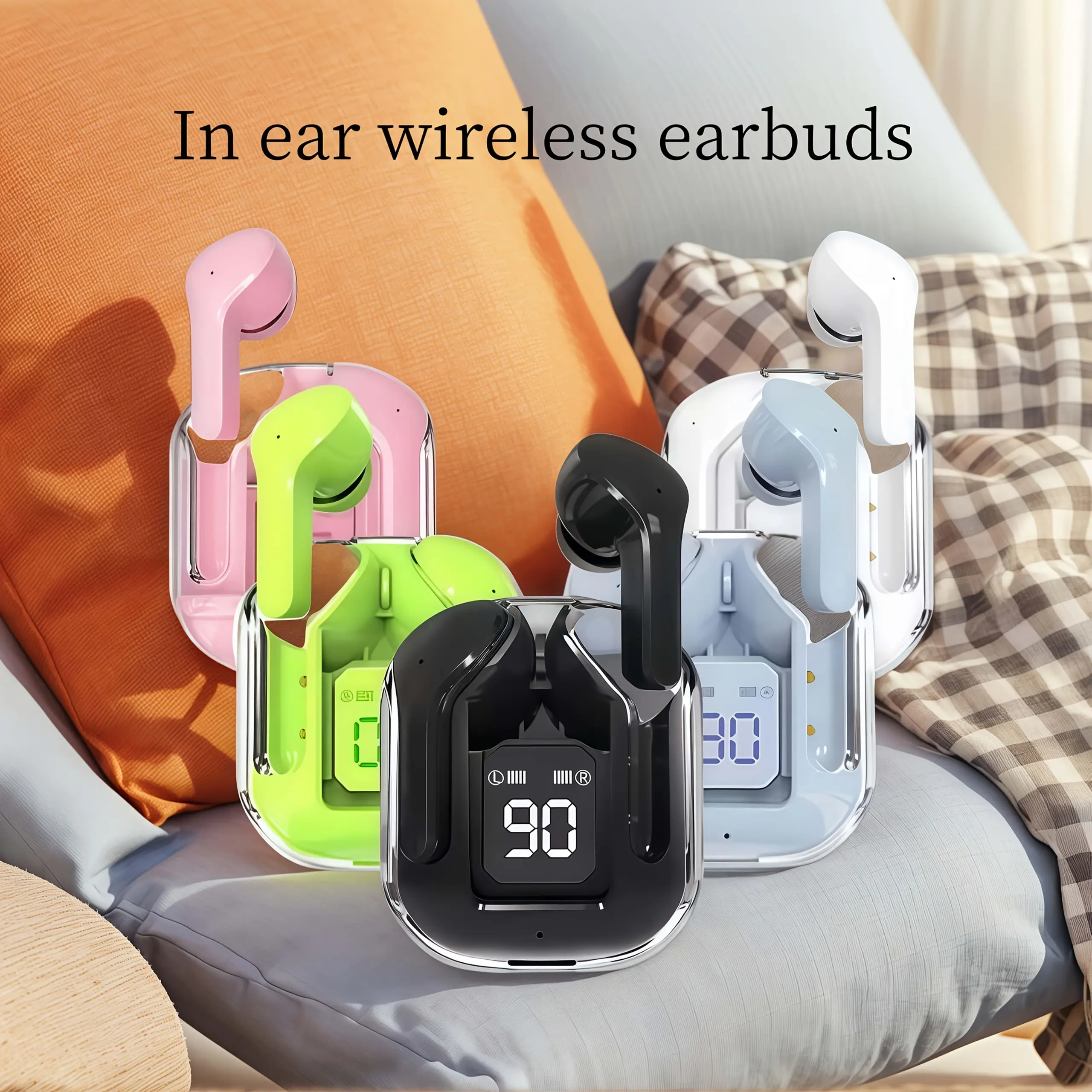 Newest Wireless In-Ear Headphones Earbuds, Stereo Noise Cancelling, Touch Control + LED Display, High Value Transparent Charging Case, Control Music Player Audio Media Control Headphones Electronic Wireless Earbuds