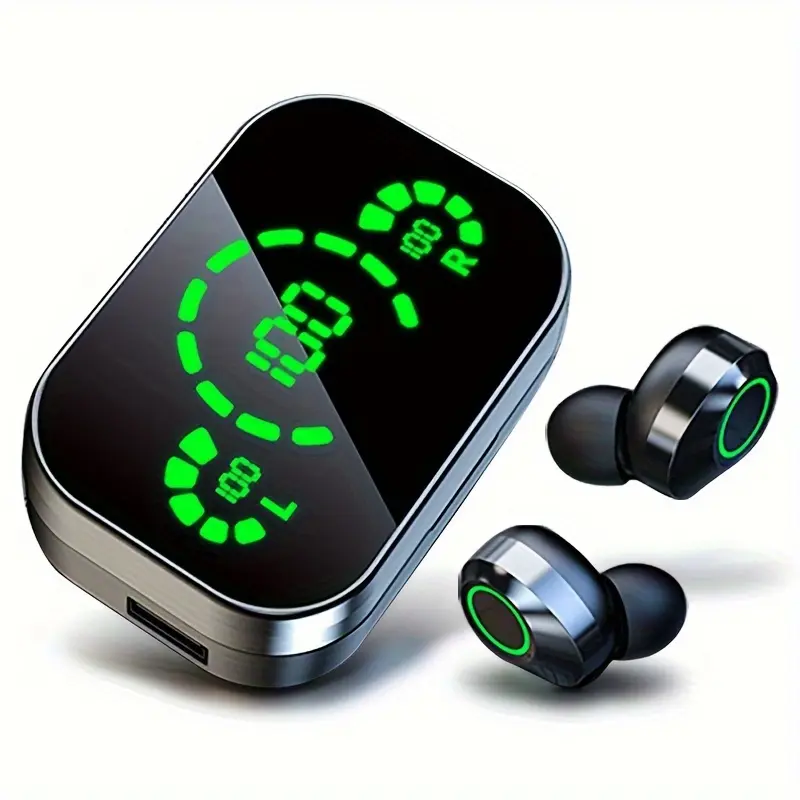 True Wireless Stereo Earphones with Digital Display: Hi-Fi Stereo Sound, In-Ear Design, Advanced Voice-Cancelling Technology, Wireless Connectivity, and Rapid USB Charging