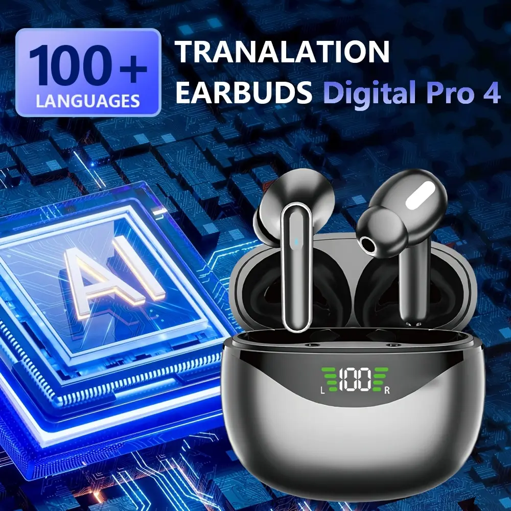 Digital Pro 4 Wireless Earbuds with AI Translation- Real-Language Translator, Wireless, USB Rechargeable, Multi-Language Support, for Travel& Business Meetings, Language Translation Device, Travel Headphones, Portable Audio, Lightweight Earbuds, Durable Plastic, Touch Control, Translation Earbuds, Frequent Travelers, Language Learners