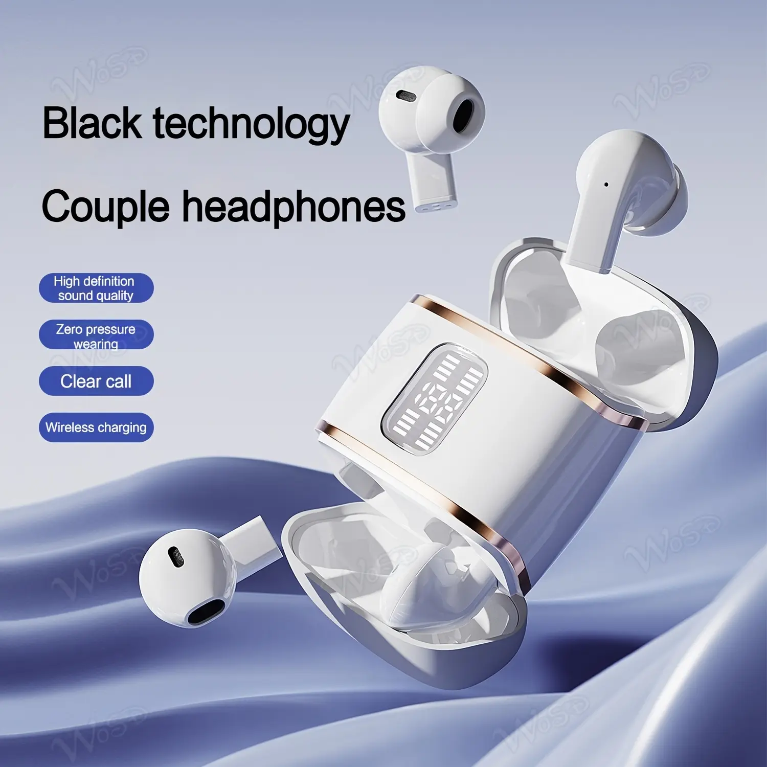WoSD Twin Headphones, Couple Headphones, Dual Wireless Earbuds with Charging Case, LED Display, Touch Controls, Sound Isolation, Long Range, Rechargeable Li-Polymer Battery, Compatible with Apple Android Devices