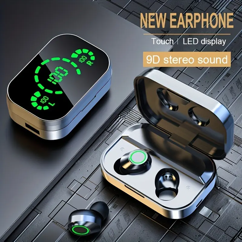 Wireless Earbuds with LED Battery Display, TWS In-Ear Headphones for Android/IOS, Earphones with Power Supply Case, Stereo Sound, Plastic Construction