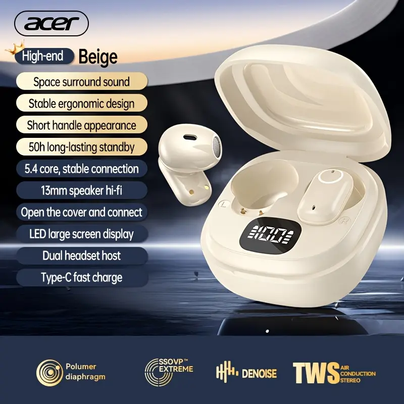 ACER OHR501 TWS Wireless Earbuds - Compact In-Ear Mini Headphones with Charging Case, Lightweight Plastic Design, USB-C, Battery, Ideal for Sports & Gifts, Black, Gift Headphones|Sleek Headphone Design|Compact Design