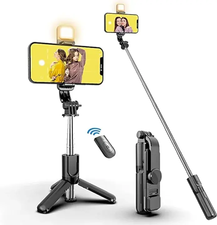 R1S Bluetooth Selfie Stick Tripod with Remote Control | 360° Foldable Selfie Rod for Phone & Action Camera with LED Light ✨