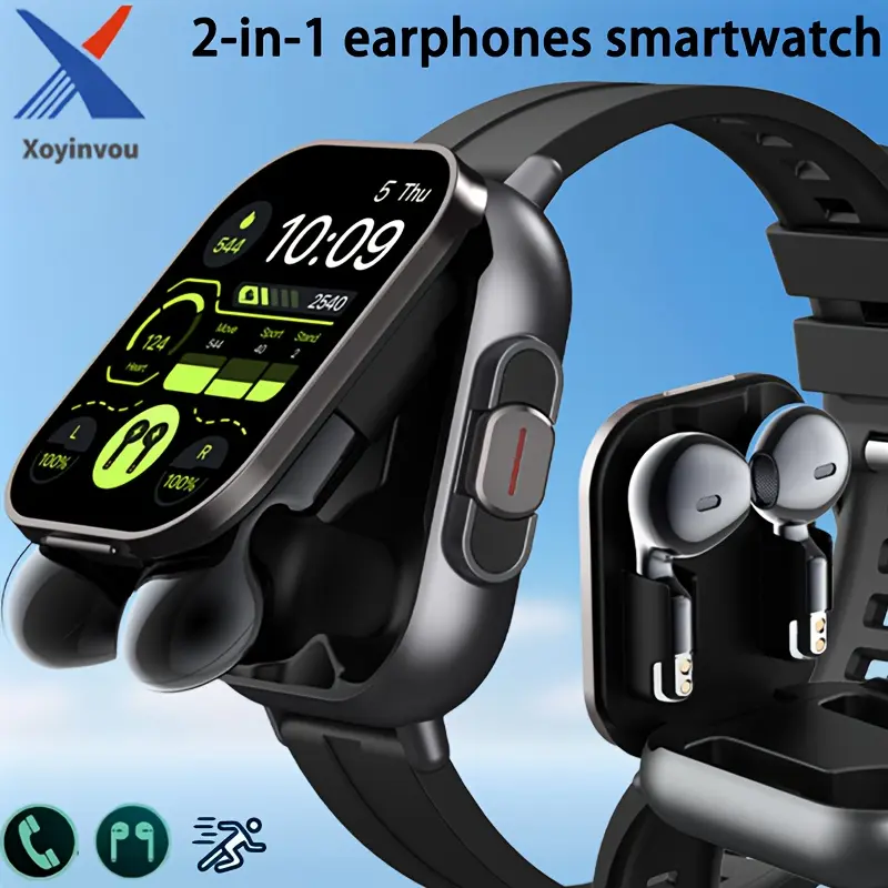 A 2-In-1 Smartwatch with Built-In TWS Earphones, Supporting Wireless Charging, 2.01 High-Definition Display, Multiple Sports Modes, Weather And Calendar Functions, Rechargeable Lithium Battery, Pedometer, Music Control, Wireless, Silicone Strap, PC Case, Compatible with Ios And Communication Devices | Sports Smartwatch, Suitable for Men'S/Women'S Smart 2-In-1 Watch