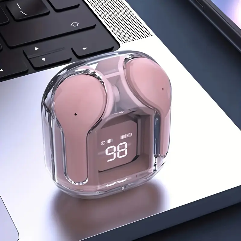 Air31 TWS Mini Wireless Earbuds with Transparent Case, Low-Latency, Noise Reduction, Voice Call Support, USB Charging, Pink Anime Design for Gaming& Active Use, Wireless Audio| Modern Earphones| Compact Charging Case