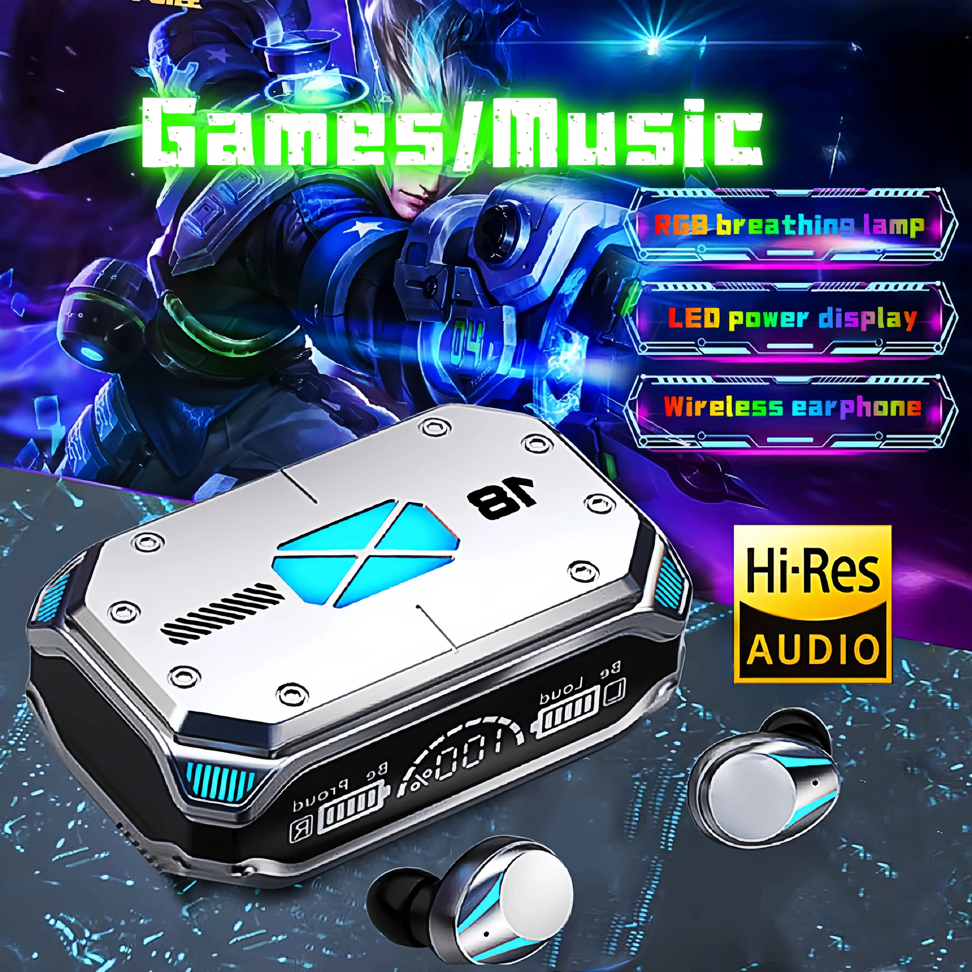 New Gaming Headphones for 2025, Wireless Headset, Wireless In-Ear Headphone with Microphone, Large Battery Can Charge Mobile Phone, Mechanical Appearance, Silvery