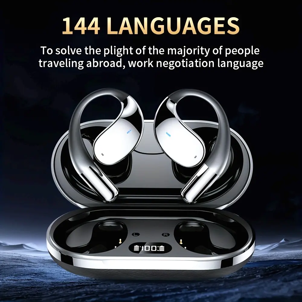 Mosyxe AI Translation Earbuds with 144 Language, Real-Time Interpreter & Noise Cancelling Microphones, 95H Playtime, Open-Ear Design, -C Charging Case, Compatible with iOS/Android Smartphones - Travel, Work, Business Translation Headphones
