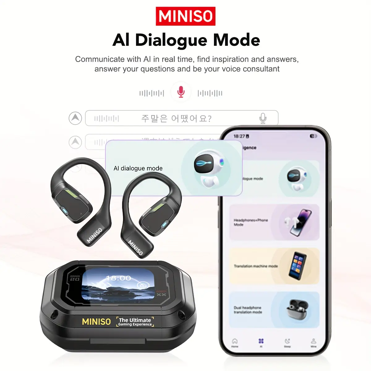 MINISO M98 AI Translator Earbuds with 144 Language Real-Time Translation, Noise Cancelling Smart Headphones with Touch Control, Dynamic Mic & App, Compatible with / for Travel, Gaming, Work, Fitness - Wireless Low Latency, -C, Open-Ear Design, Compatible with Smartphones (No Charger Included) - Ideal for Business, Study, and Multilingual Communication, Wired Earbuds For Iphone