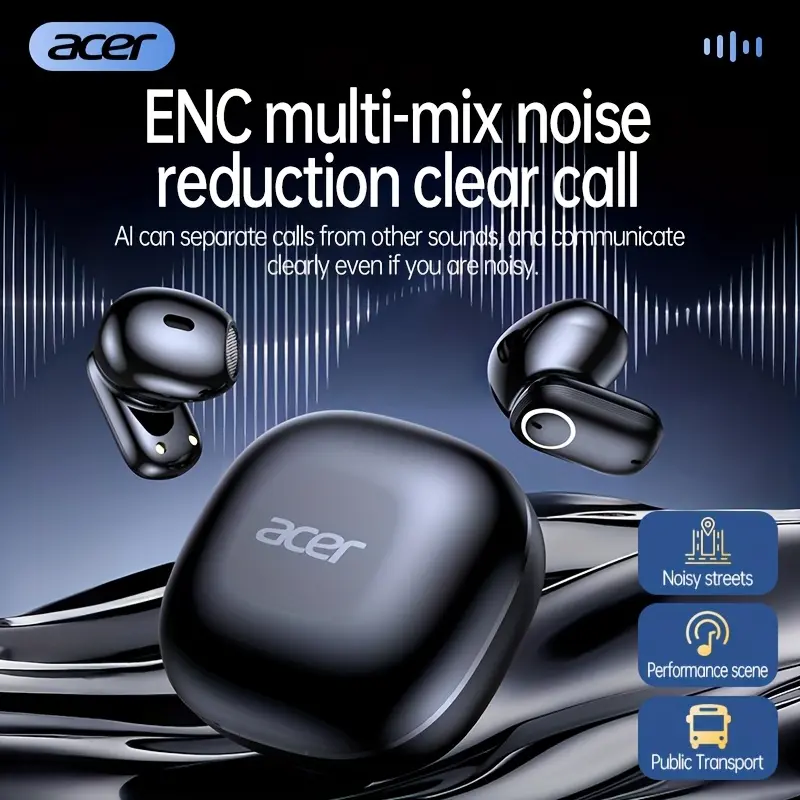 ACER TWS Wireless Earbuds with Deep Noise Reduction - 50h Long Standby, Low Latency, HIFI Stereo Sound, Touch Control, Rechargeable Lithium Battery, Ideal for Running & Sports, Sports Headphones|Ergonomic Design|Durable Plastic