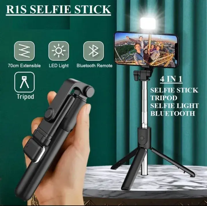 R1S 4-in-1 Extendable Selfie Stick with LED Light, Bluetooth Remote, and Tripod Stand - Perfect for Capturing Stunning Photos and Videos