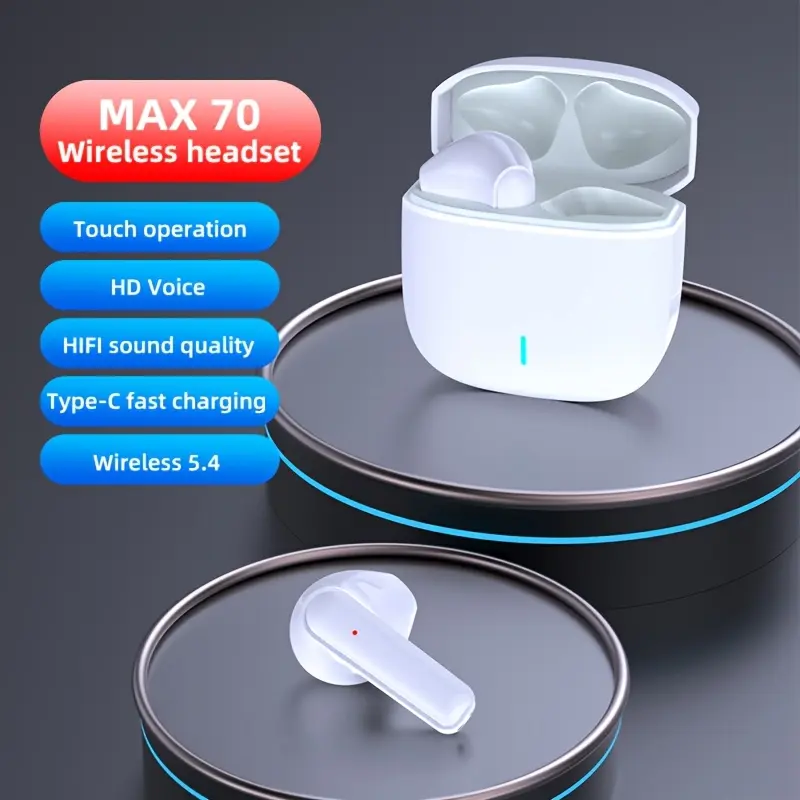 MAX 70 Wireless Headset with 70H Playtime, Touch Operation, HD Voice, HIFI Sound Quality, Type-C Fast Charging, Wireless 5.4, Mini In-Ear Earbuds for Sports and Gaming