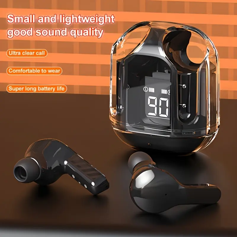 Transparent Wireless TWS Earbud Headphones, High-Fidelity Stereo Sound, Touch Control Media, Noise-Cancelling Voice Call, with Type-C Charging Case, for Exercise, Running, Gaming, Calls, Compatible with Smartphones, Tablets, Laptops, 150mAh Lithium Polymer Battery, USB Charging, 2.5-5W Power Range, Closed-Back Earphones with Condenser Mic, No Quick Charge