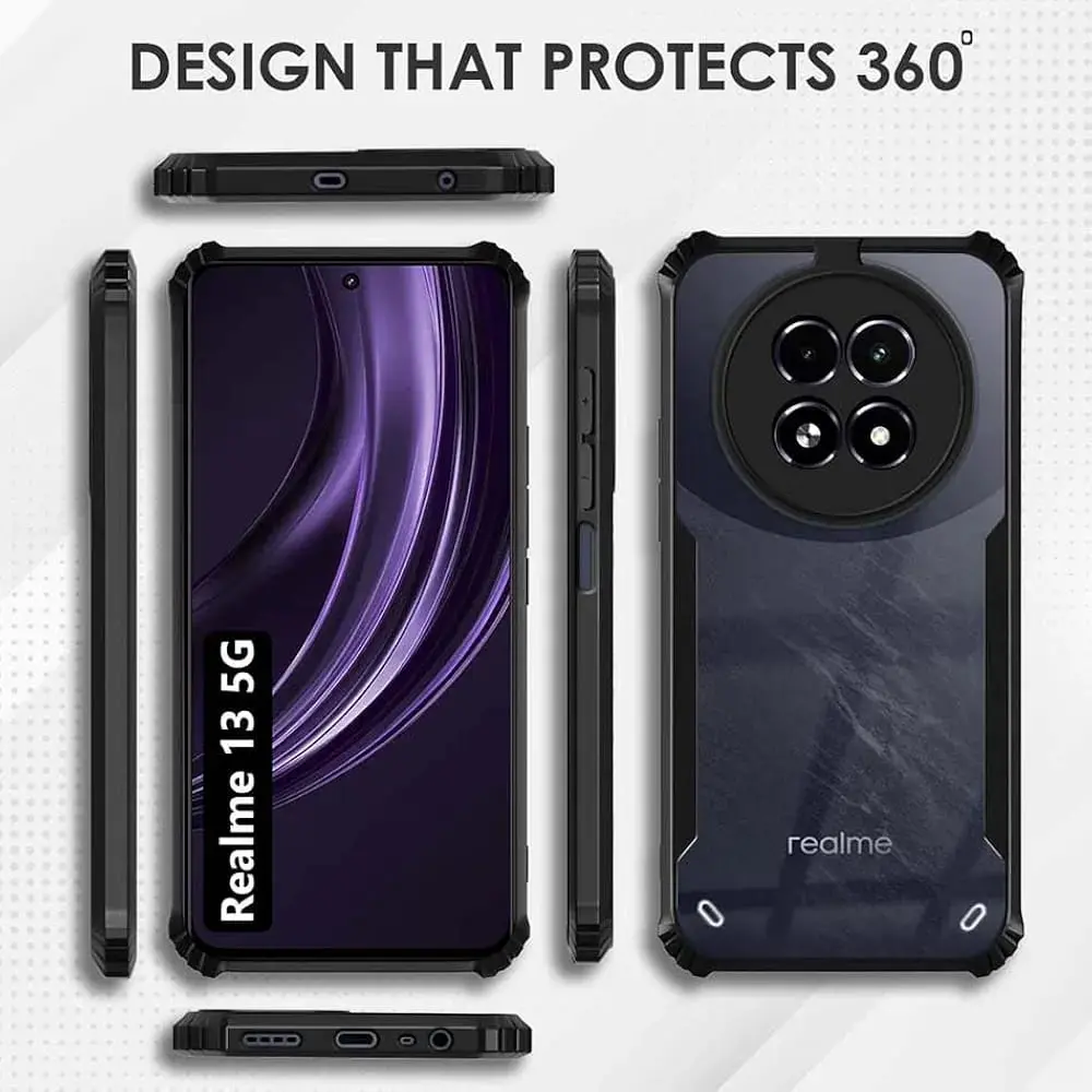 Realme 13 Plus PAKY Shockproof Transparent Back Cover Slim Fit Clear Case with Black Bumper Camera Protection Anti-Scratch Lightweight Protective Mobile Case Shock Absorbing Mobile Back Cover For Realme 13+ 5G