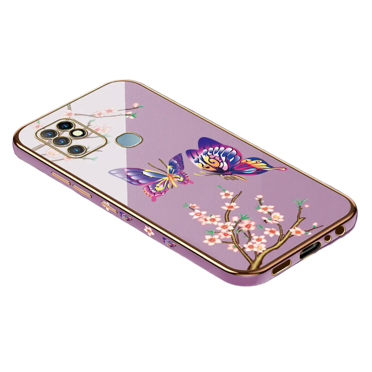 UCUC for Infinix Hot 10 Back Cover + Free Lanyard Butterflies Fly Luxury 6D Plating Case Side Pattern Soft Silicone Square Mobile Phone Cases