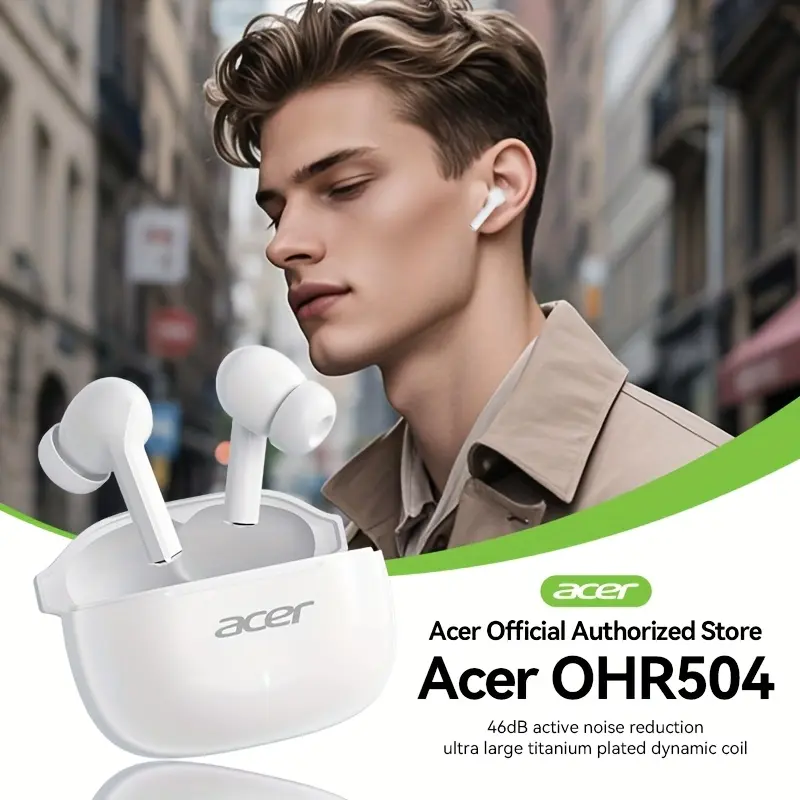 ACER OHR504 Wireless Earbuds, Long Standby, Hi-Fi Stereo Sound, Smart Call Noise Cancellation, Gaming Mode Low Latency, Fast Charge, Comfortable Fit for Travel, Sports, Work, Study, Game, Multi-Device, Ideal Christmas and Halloween Gift