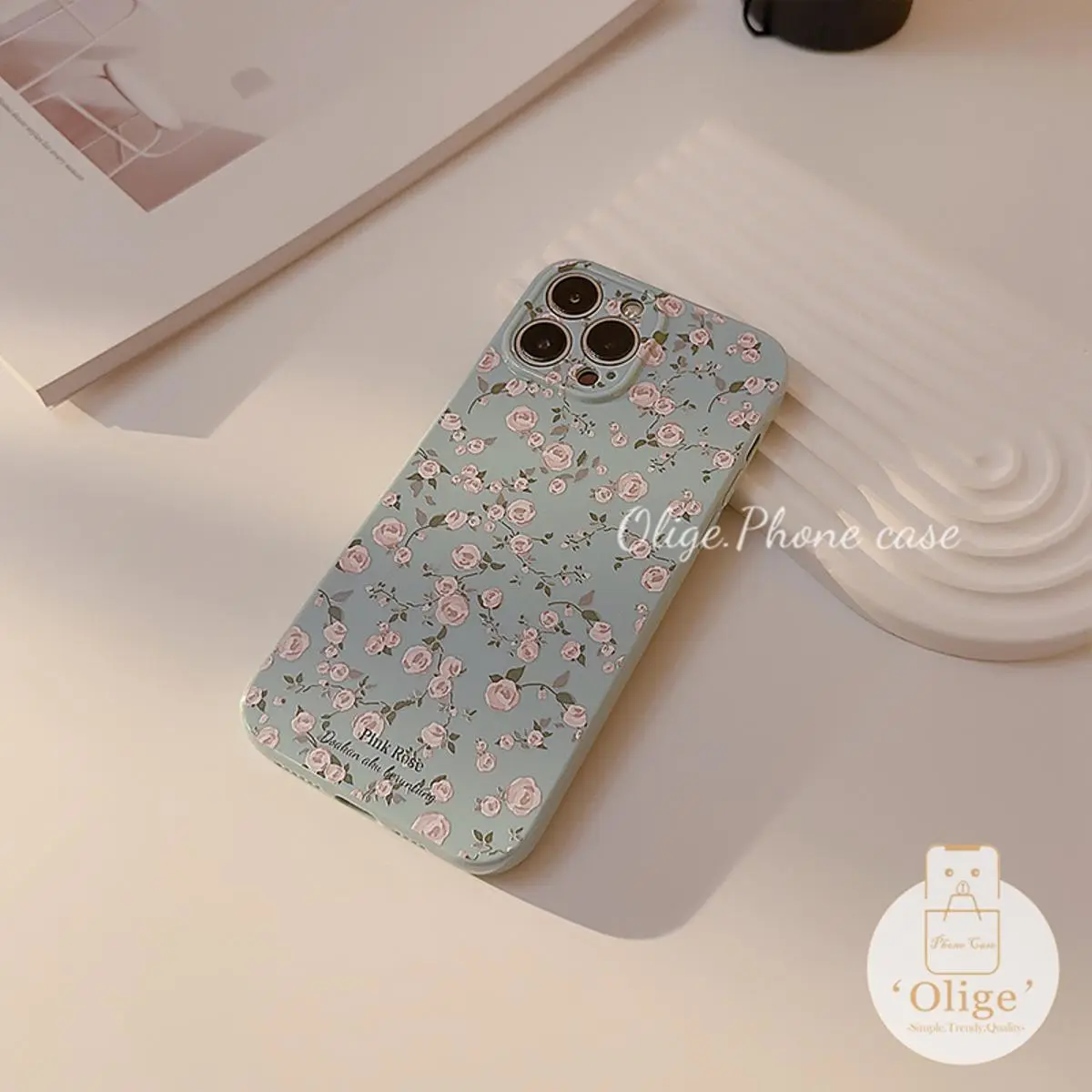 Olige Case For iPhone 14 Plus 13 12 11 Pro Max Korean Fashion Cream Shell Fragmented Rose Flowers Straight Edge Lens Protector Soft Silicone Phone Case Back Cover
