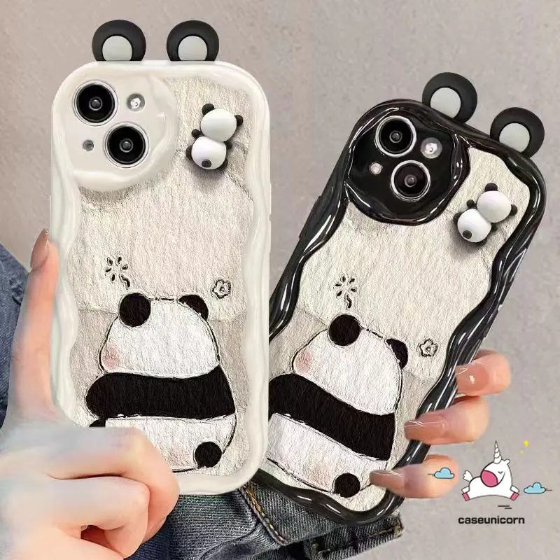 Cartoon 3D Doll Panda Couples Case Compatible For IPhone 17 16 7Plus XR 16 13 15 11 14 12 Pro Max 8 6 7 6S Plus X XS MAX SE 2020Cute Oil Paint Panda 3D Wavy Curved Edge Shockproof Soft Cover