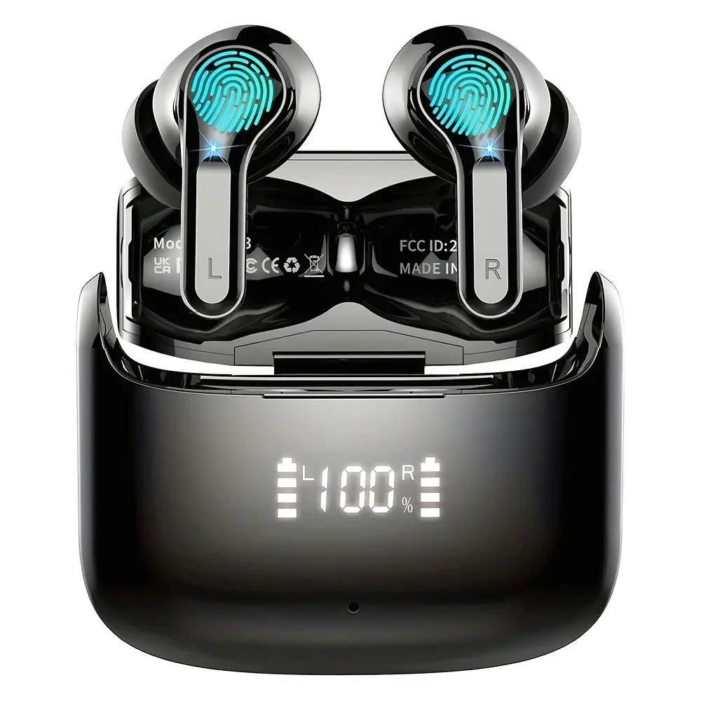 Wireless Earbud, Wireless Headphones 5.3 Stereo Bass Earphones, Ear Buds 40H Dual Mic Call, Earbud in-Ear USB-C LED Display Sport Headset