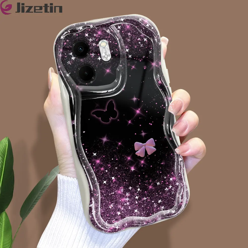Jizetin for Infinix Smart 9 Hot 50i Back Cover Pink Purple Glitter Cream Wavy Edge Soft Silicone Phone Case
