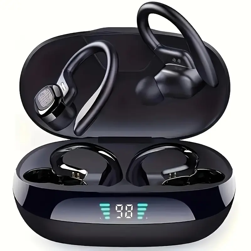 True Wireless Bluetooth Earbuds with Mic, TWS In-Ear Headphones with ENC Noise Cancelling, Touch Control Volume, Wireless Sports Earhook, LED Display Charging Case, Semi-Open-Back, Compatible with Cellphones, 300mAh Rechargeable Battery