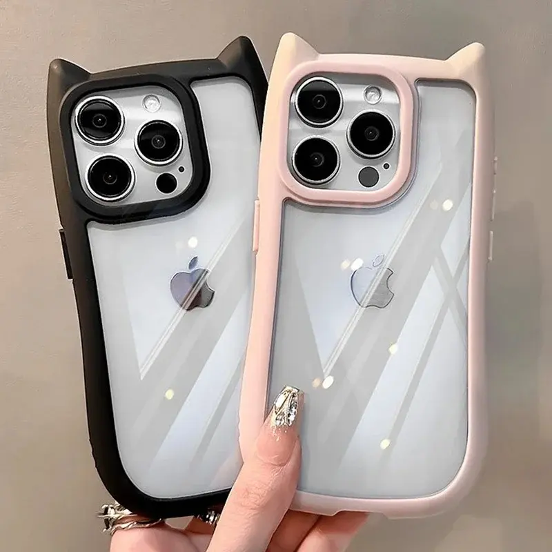 Original Product+FREE Shipping+COD Soft Silicone Cute Cat Ear Phone Case For iPhone 11 12 13 14 15 Pro Max Transparent Shockproof Hard Acrylic Bumper Back Cover