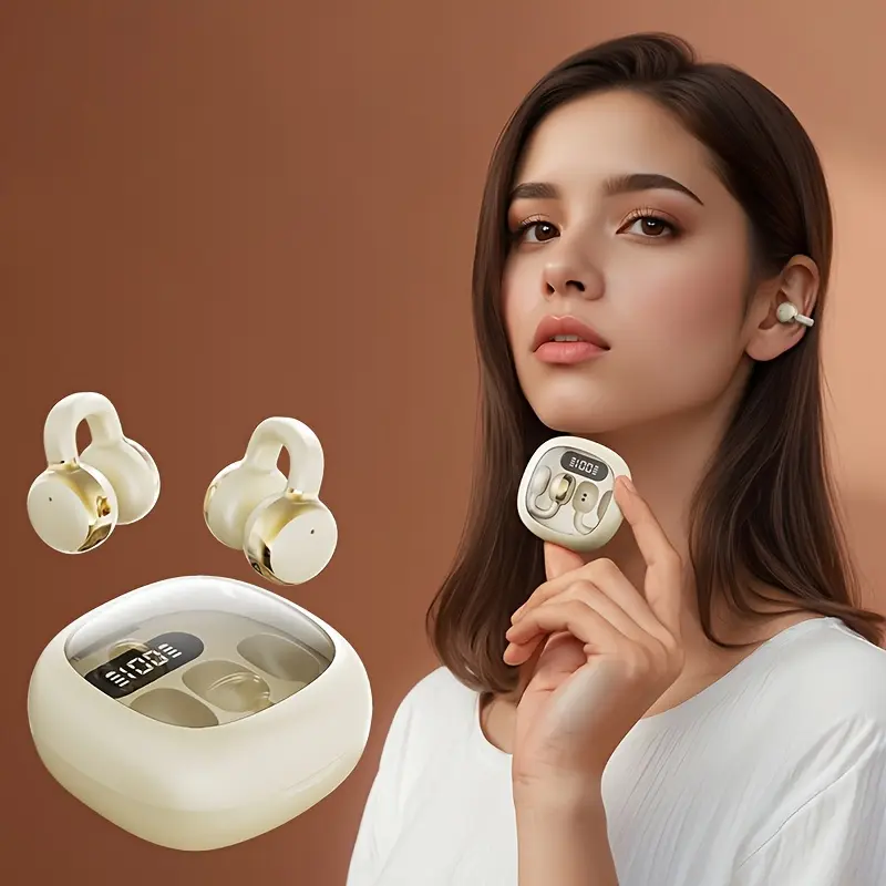 Wireless High-Quality Clip-On Earbuds with Long Battery Life, Smart Touch Control, and Digital Display - Sleek Black Design for Sports & Calls, USB-C Charging, Open Back Earphones, Wireless Earbuds, Active Lifestyle Audio, Modern Earphones, Durable Plastic Body