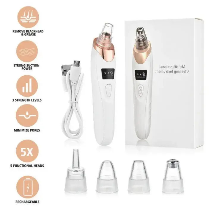 Rechargeable 5 in 1 Blackhead Remover Vacuum | Derma Suction Pimple & Acne Extractor | Whitehead & Blackhead Vacuum Machine | Deep Pore Cleaner | Face Dirt & Oil Remover | Skin Care Beauty Tool