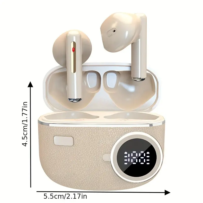 New Retro Digital Display Wireless Earbuds with Ultra-Long Battery Life, Light Beige Texture Noise Cancellation, Includes Earphones + Charging Case + User Manual + Charging Cable