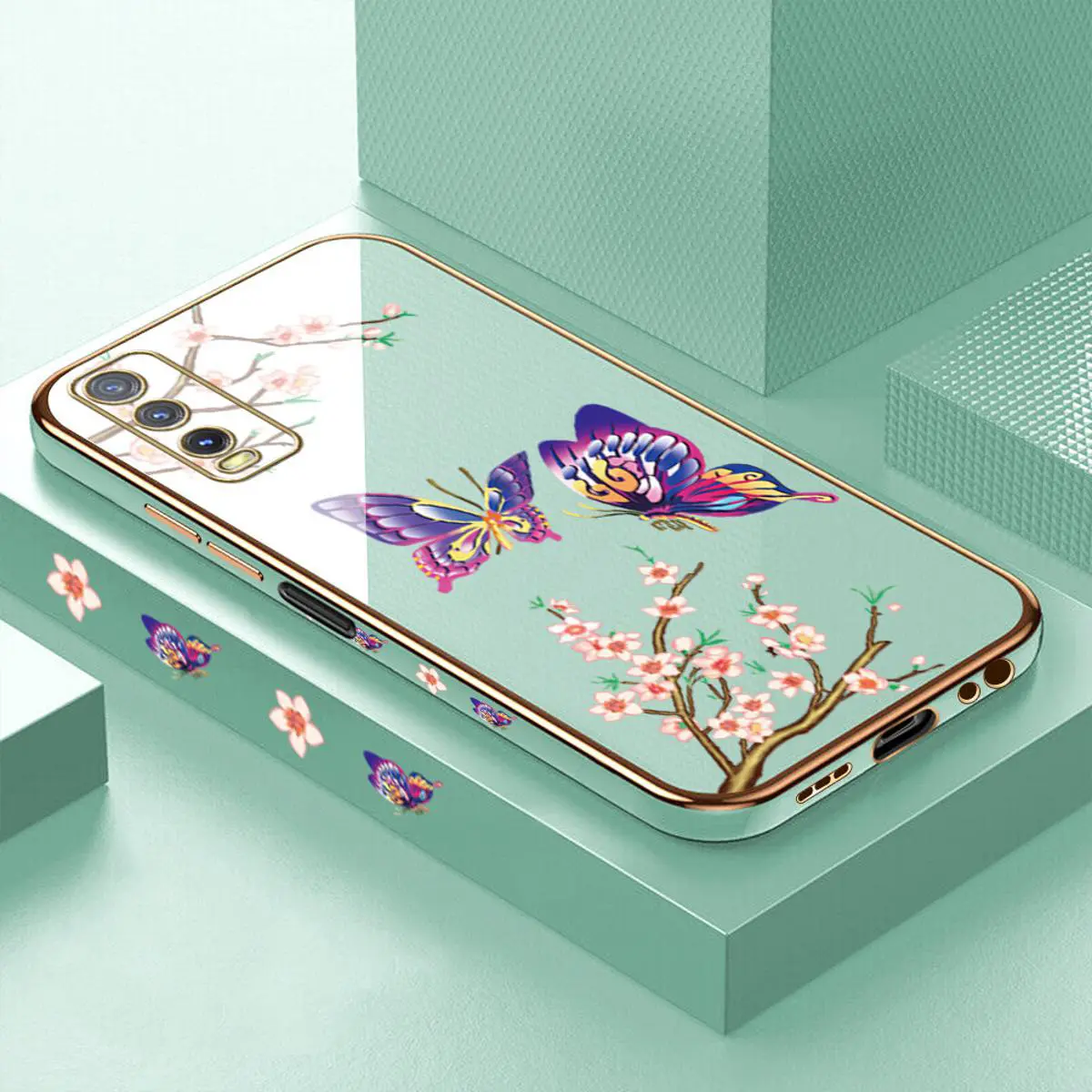 Jizetin (Free Lanyard) for Vivo Y20 Y20i Y20S Y20 2021 Y20SG Y12A Y12S Back Cover Peach Blossom and Butterfly Luxury 6D Plating Case Side Pattern Soft Silicone Square Mobile Phone Cases