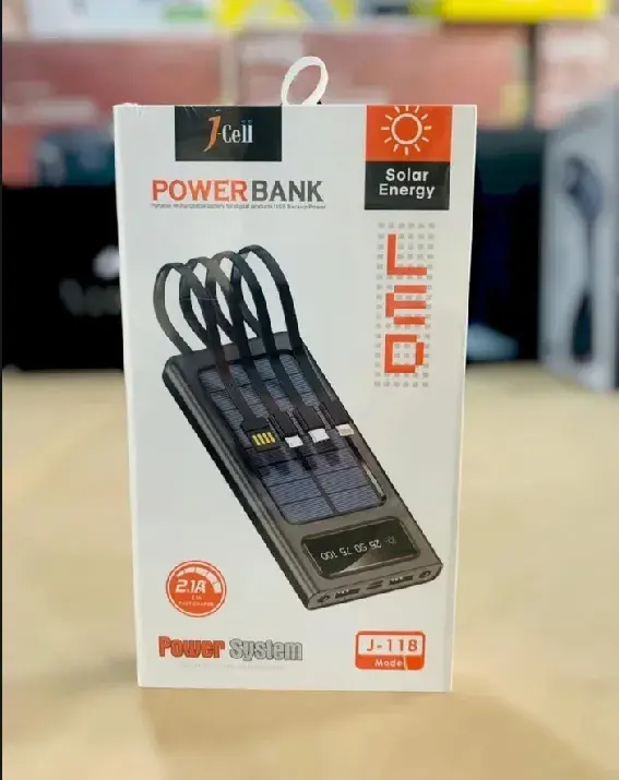 J cell J-118 10000mah solar power bank | powerful power bank with digital display screen | Four built in cables with stylish design | Chargeable with solar energy