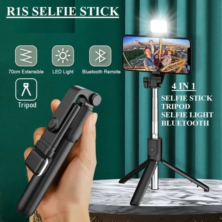 4 in 1 R1S Wireless Selfie Stick TripodBluetooth Shutter selfie Light foldable Selfiestick for all Phone Extendable stand