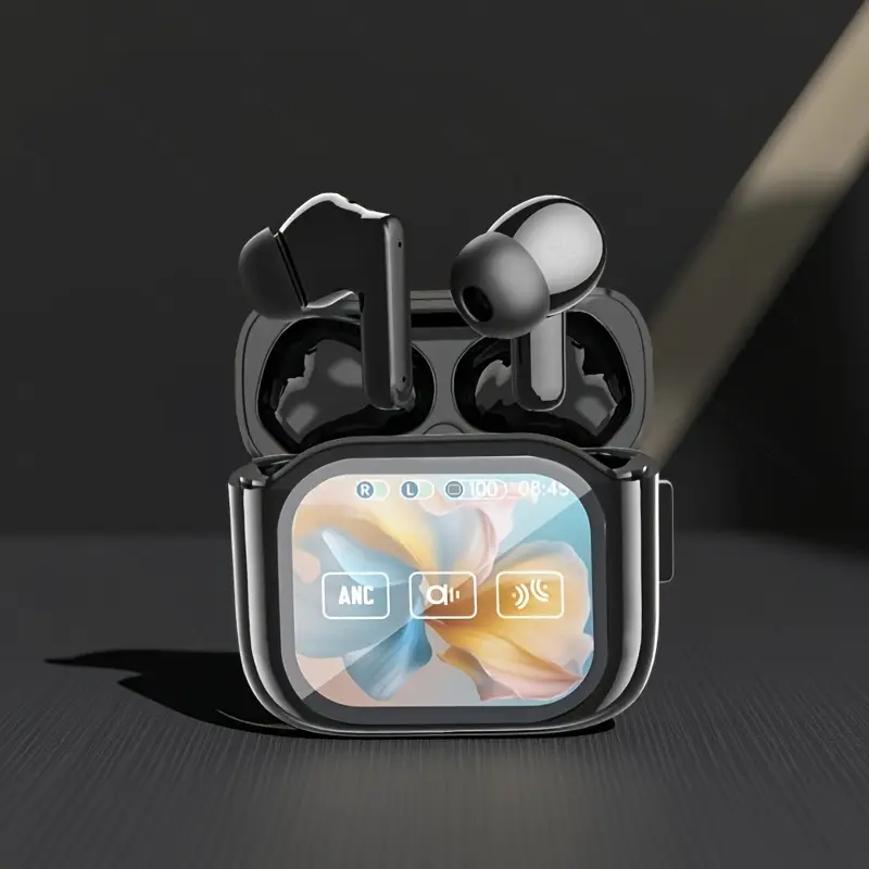 Active Noise Cancellation ANC, ENC Headphones, Smart Digital Display Touchscreen, Wireless Earbuds, Suitable for iPhone and Android TWS True Wireless Earbuds, 6 Microphone Perfect Call Quality, Voice Control, Up to 40 Hours Gaming Time, Immersive Space Sound, 500mAh Long Battery Life, Compatible with iPhone/Android/iPad