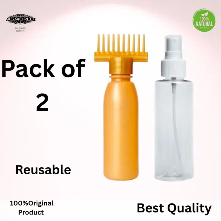 Pack of 2 - Hair Oil Applicator Comb Bottle + Empty Spray Bottle For Face With Cap