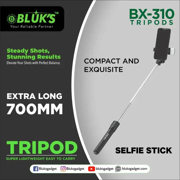 BLUK'S BX-310 Selfie Stick with Tripod Stand | Built-in Rechargeable LED Light & Bluetooth Shutter | Portable & Adjustable - 1 Year Warranty