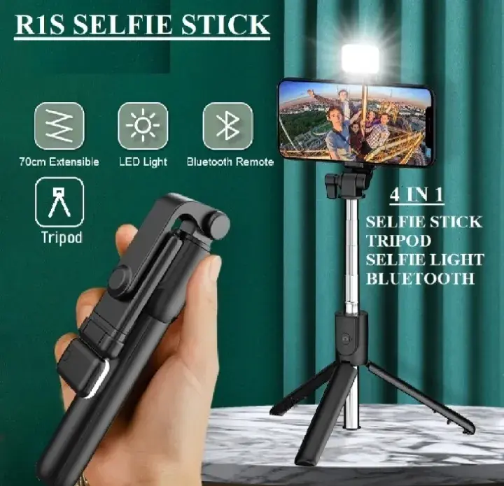 4 IN 1 R1S Extendable Portable Selfie Stick with light & Full Tripod Stand | Portable Phone Stand with Bluetooth Remote & LED Ring Light