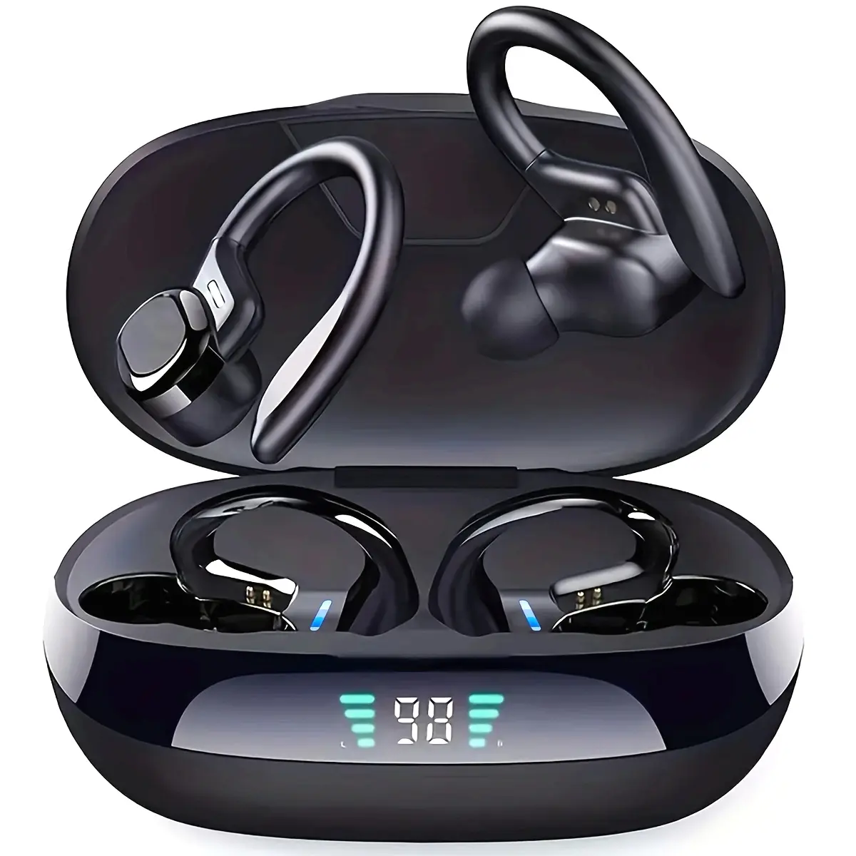 Wireless Running Earbuds with Earhooks, Noise Cancelling Headphones for Sports, Dual-LED Display, Pure Bass Sound, Built-in Microphone