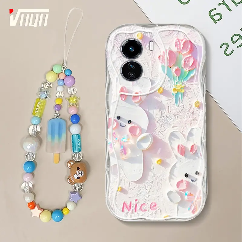 VRQR Wave Edge Casing for Vivo Y16 Y03 Y18 Y18E Y56 Y02S Phone Case Oil New Painting style Pattern Candy Bracelet Cover Y28 Y36 Y17S
