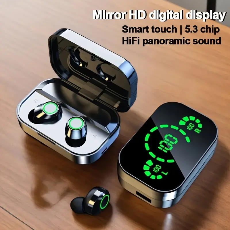 2025 New Wireless Headphones with LED Charging Box, Mirror Charging Box Real-time Display of Power, HIFI Stereo Sound Quality, Mini Earbuds Wear Comfortable