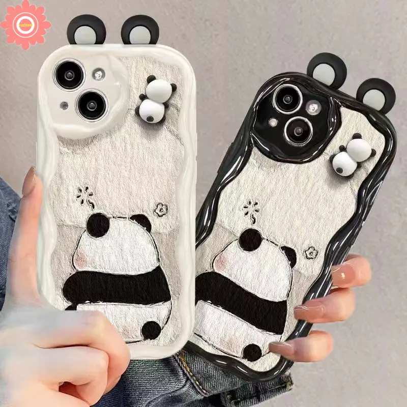 Panda 3D Stereo Doll Case Compatible for IPhone 7 11 13 12 14 Pro Max XR X XS MAX 6 6S 7 8 Plus SE 2020 Cute Panda Cartoon Oil Paint Couple Black White Cover