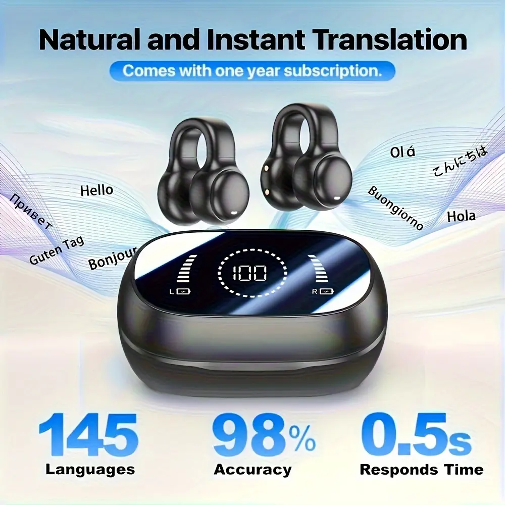 2025 AI Wireless In-ear Translation Earbuds Translate 144 Languages, Open Ear Ear clip Sport comfort LED Display Wireless Stereo Buds Noise Canceling bluetooth Earphone Bone Conduction Headphone