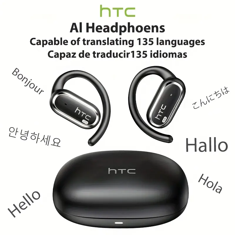 HTC NE03 Open OWS Wireless Headset & Earbuds - Real-Time Translation in 135 Languages, Noise Cancelling, Built-in Microphone, Wireless Smart, -C, Compatible with /, Compatible with Assistant & Siri, Compatible with iPhone/ Smartphones, Black, Fit, Long-Lasting, Ideal for Travel & Everyday Use, Compatible with Smart Home Devices