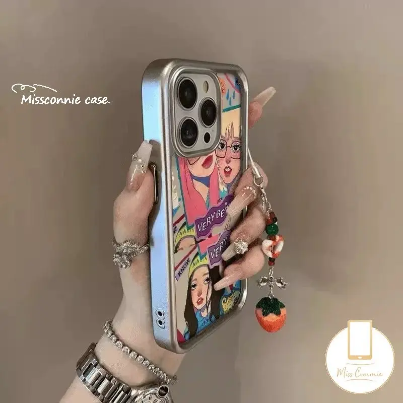 Trend Cartoon Cute Beautiful Fashion Girl Soft Tpu Case Compatible for IPhone 13 16 14 XR 15 11 12 Pro Max X XS Max 8 14 15 7 Plus SE 2020 Luxury Electroplated Frame Cover