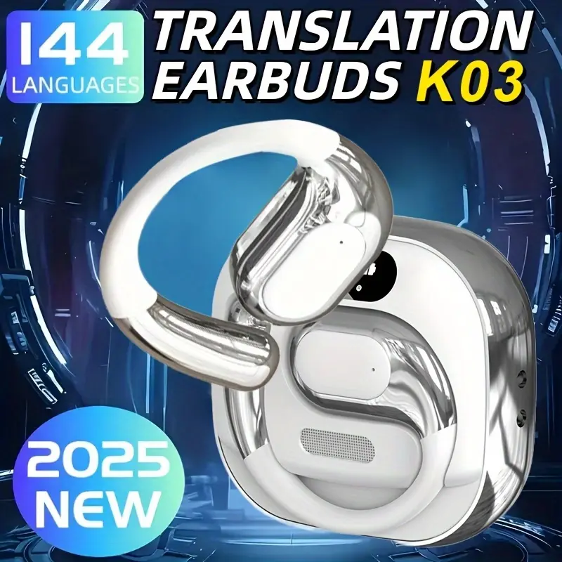 AI Smart Translator Earbuds, 144 language support, pure cobalt long-lasting battery, true copper ring composite diaphragm, deep bass, call control, compatible with all smartphones, semi-open design, lithium polymer battery