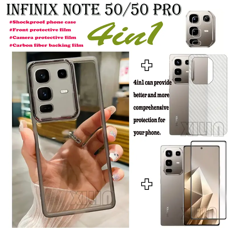 4in1 For Infinix Note 50 PRO+ 50X 50 Pro Color Mirror Transparent TPU Phone Case Electroplating Photo Frame Lens Film Protective Cover+Tempered Glass screen protective film + Camera Lens Film + carbon fiber back film
