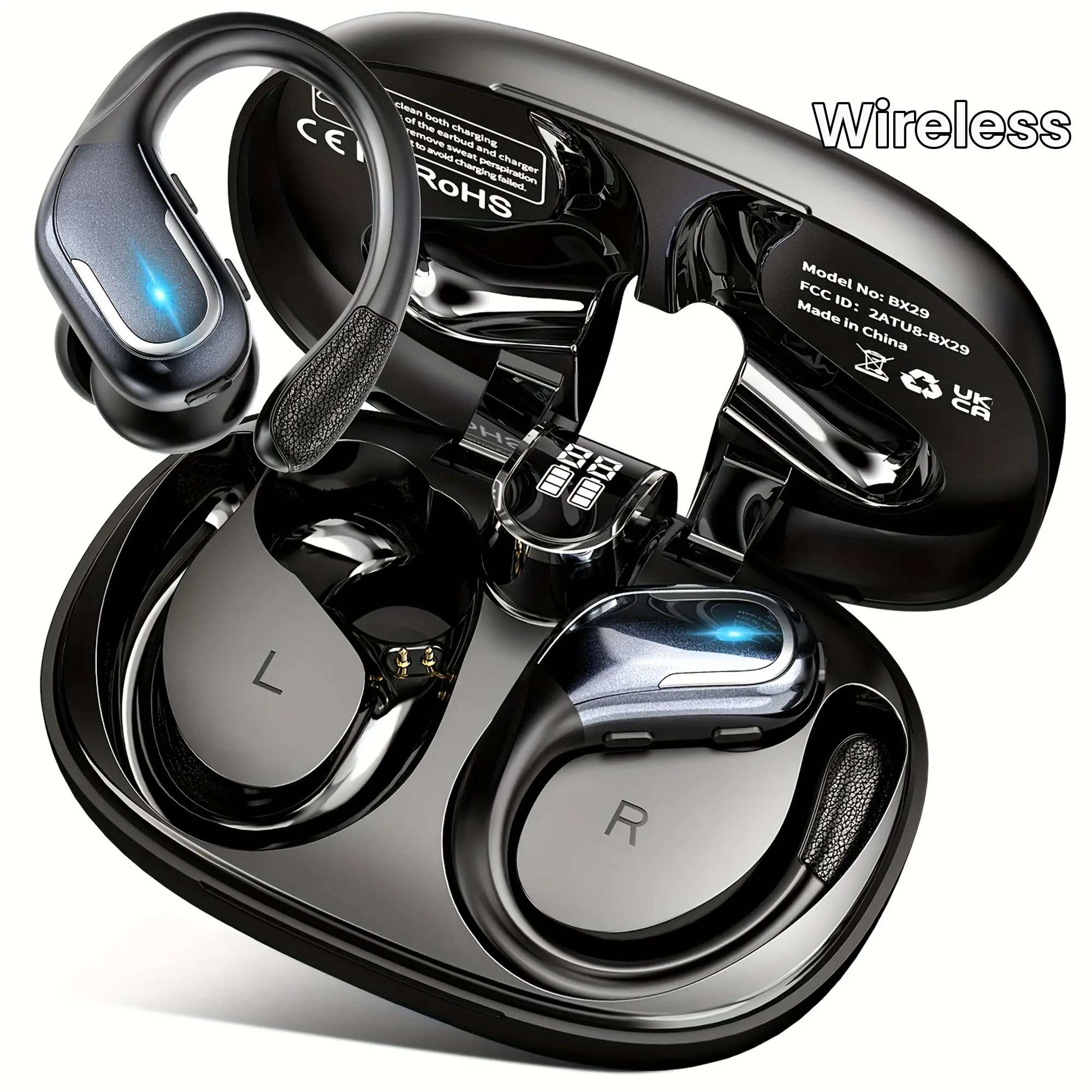 New Wireless Earbuds for Running Sports, Wireless Earphones with Earhooks Pure Bass Sound, Over Ear Headphones with Dual-LED Display, Earphones Noise Cancelling Headset Built-in Microphone
