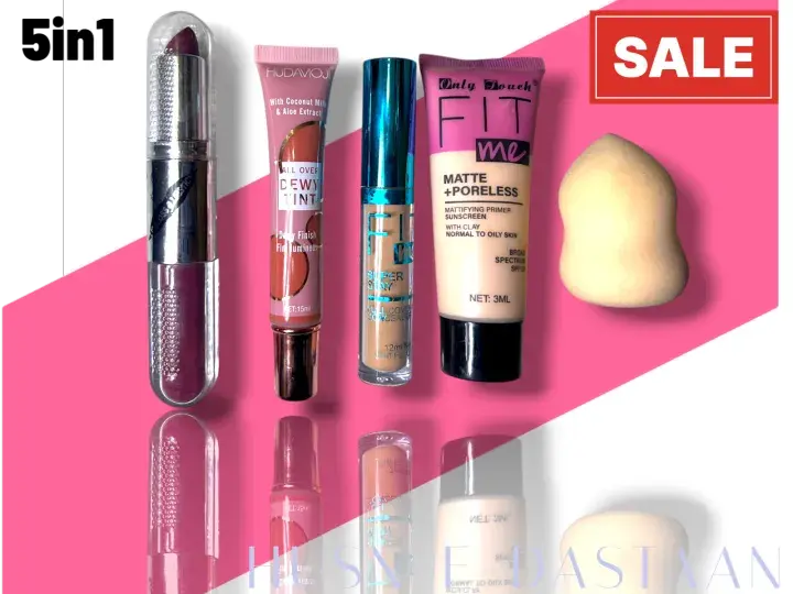 5in1 makeup deal with foundation concealer liquid blush 2in1 glossand lipstick and blender puff