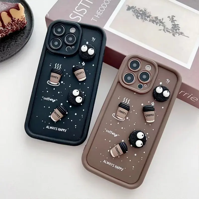100%new celebrity trend+In stock+COD INS 3D Cute Coffee Coal Ball Cartoon Silicone Phone Cases For iPhone 15 14 13 12 11 Pro Max Plus Girls Kawaii Cover Accessories