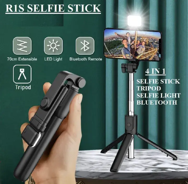 Wireless 4 in 1 Selfie Stick Tripod Stand With Light, Selfie Stick With Mobile Holder With Remote Bluetooth Selfie Stick Tripod Stand Selfie Stick With Bluetooth Shutter Button foldable Extendable 70CM