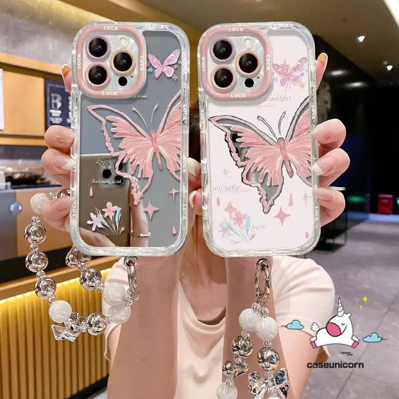Fantasy Romance Butterfly Cartoon Graffiti Case Compatible For IPhone 17 16 Air 7Plus XR 13 11 14 15 12 Pro Max 8 15 7 Plus X XS Max SE 2020 Shiny Flower Luxury Bracelet Make Up Mirror Cover